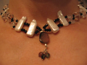 13. White Pearls, Onyx, and Quartz beads with Watermelon Tourmaline drop and Pearl clasp